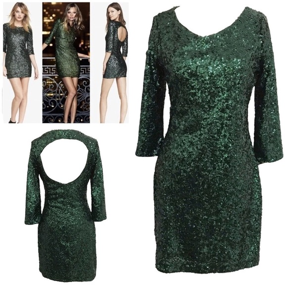 Express Green Semi-Open Back Bodycon Dress with Three Quarters Sleeve Size 6 - Picture 1 of 7
